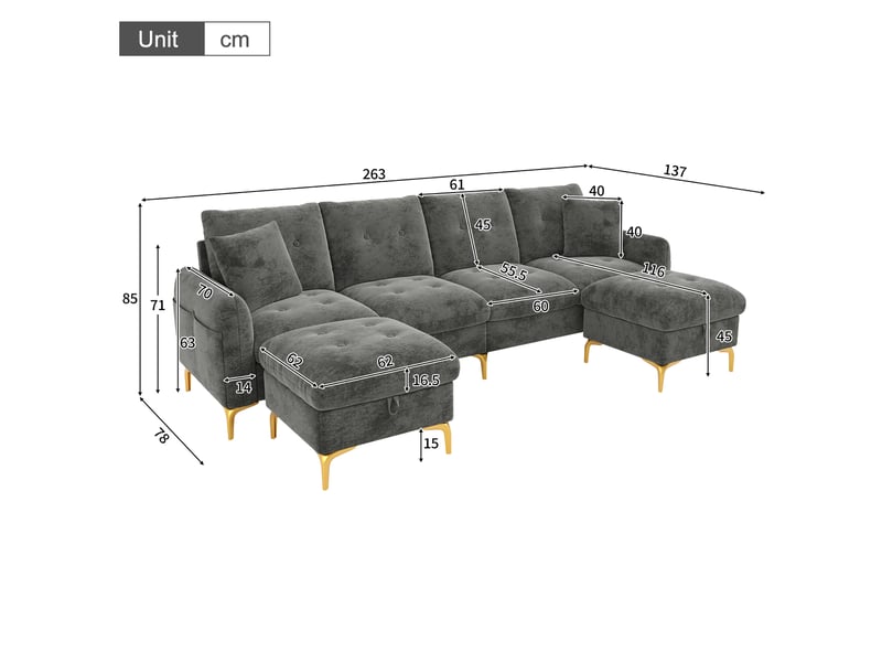 Canapé modulable tcqpz 4 places 263 x 137 x 85 cm avec 2 poufs de rangement gris chenille - Conforama C