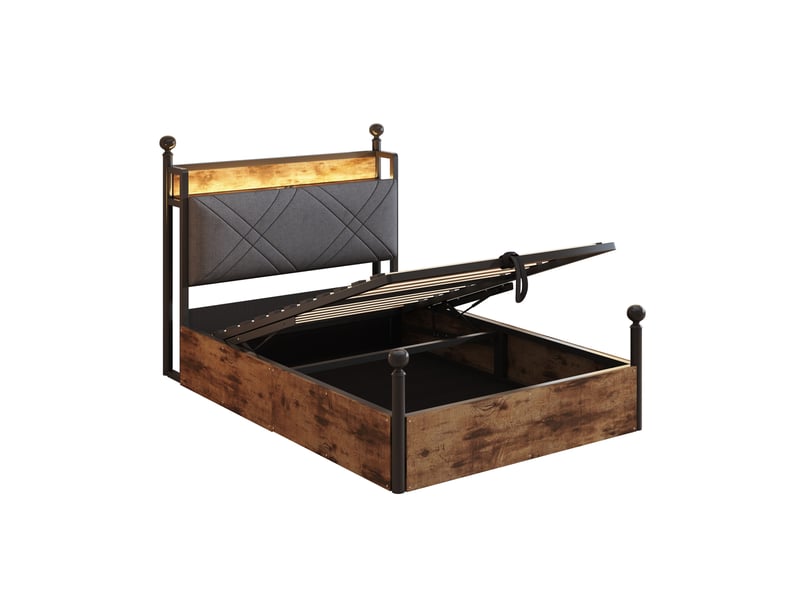  Lit coffre enfant 90x190 cm, montants amovibles, led, ports usb et type-c, noir, sans matelas  - Conforama E