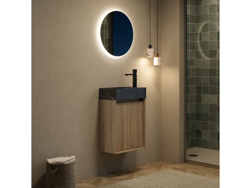  Meuble sous vasque avec 1 porte et vasque en marbre, pour salle de bain, noir et chêne blanc, 48×29×66 cm  - Conforama C