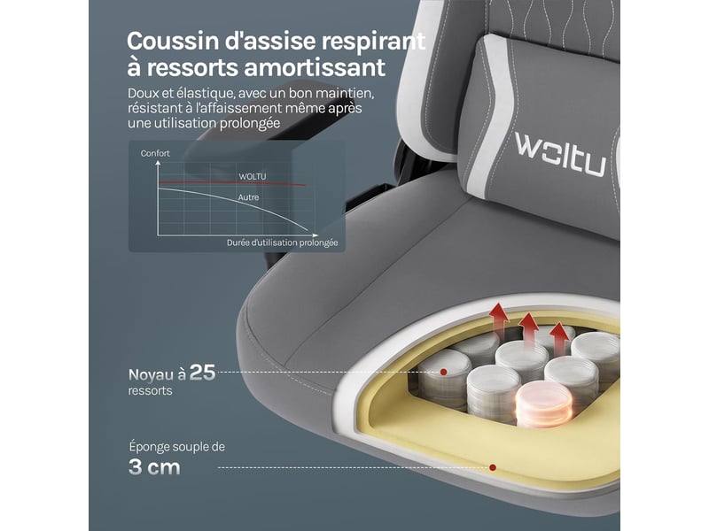 Chaise gaming, avec dossier inclinable appui-tête,repose-pieds rétractable, en maille, gris  - Conforama D