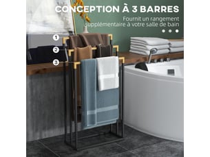Porte-serviettes en bambou et acier sur pieds avec 3 support barres pour serviette 45 x 22,5 x 86 cm noir et naturel