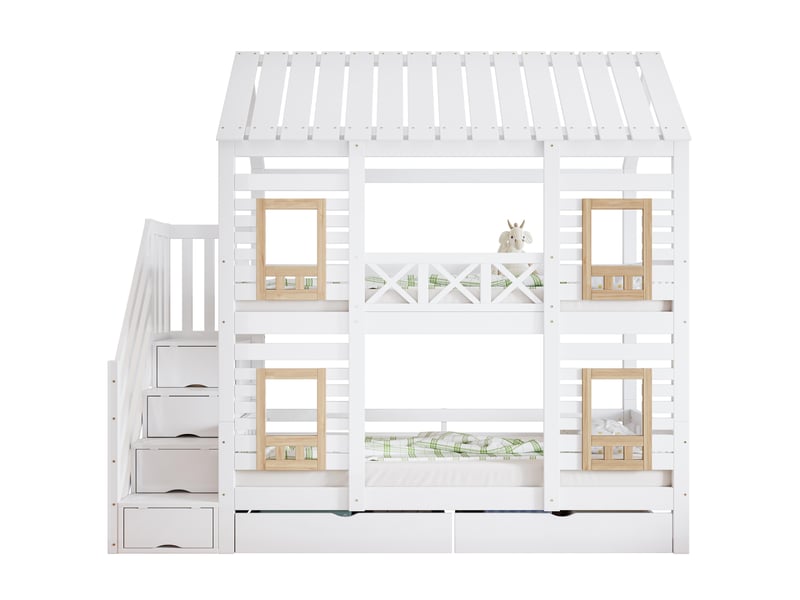 Lit superposé enfant 90x200 cm, avec escalier de rangement de sécurité et 2 tiroirs sur roulettes, en bois de pin massif et mdf, blanc et naturel - Conforama A