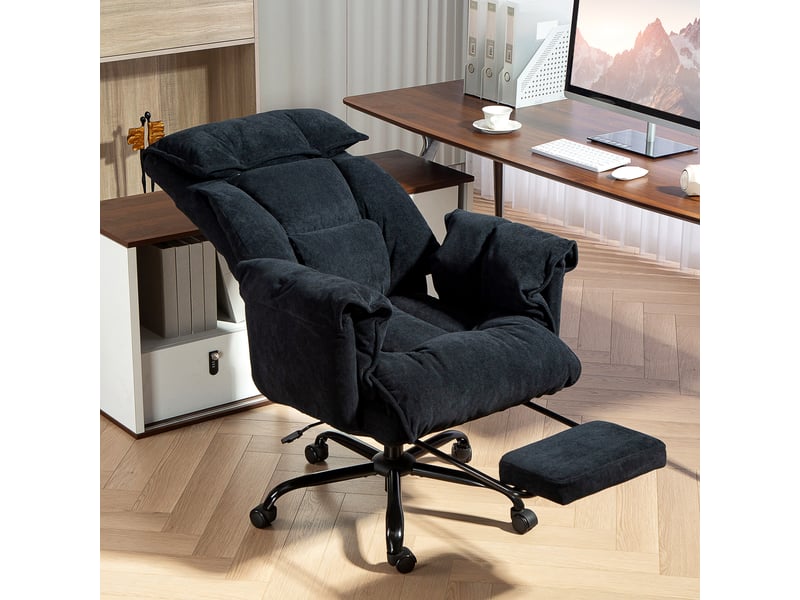  Fauteuil de bureau inclinable avec repose-pieds, dossier haut, hauteur réglable et roulettes, noir  - Conforama D