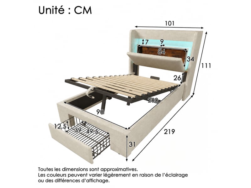  Lit beige 90 x 200 cm avec coffre hydraulique, led, usb-c et tête de lit  - Conforama C