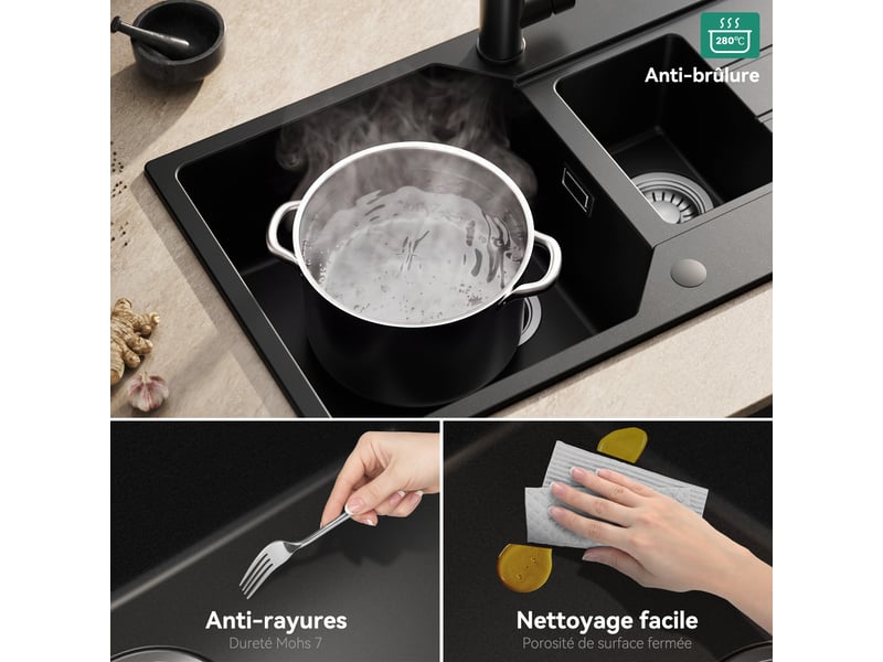 Anycee max évier de cuisine en granit 86x45cm - évier 1,5 bac - avec bac principal et bac secondaire - avec siphon et crépine - noir - Conforama B