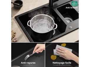 Anycee max évier de cuisine en granit 86x45cm - évier 1,5 bac - avec bac principal et bac secondaire - avec siphon et crépine - noir