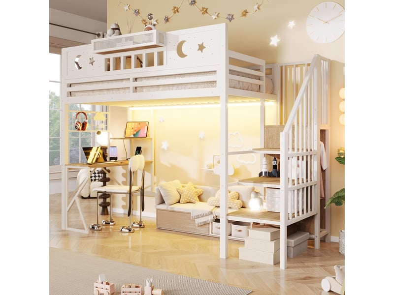  Lit mezzanine, coloris blanc, matière mdf et métal, couchage 90x200 cm, dimensions : 255 x 109 x 187 cm  - Conforama B