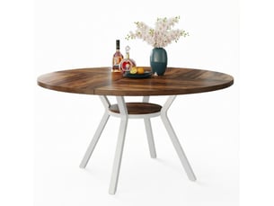 Table à manger ronde 120 cm pour 4 à 6 personnes avec tablette, marron et blanc