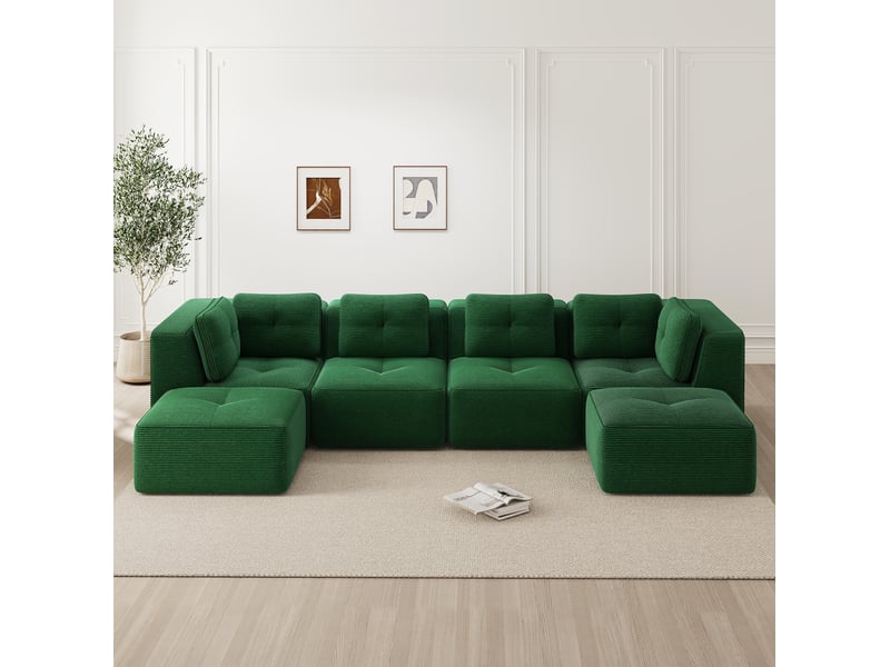  Canapé d'angle modulable ulevr en u 4 places, convertible en couchage, velours côtelé vert, 386 x 177 x 69 cm  - Conforama B