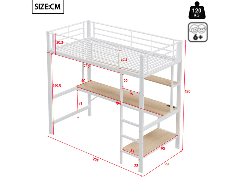  Lit mezzanine enfant 90x200 cm avec bureau, étagères, led et prise usb, blanc  - Conforama C