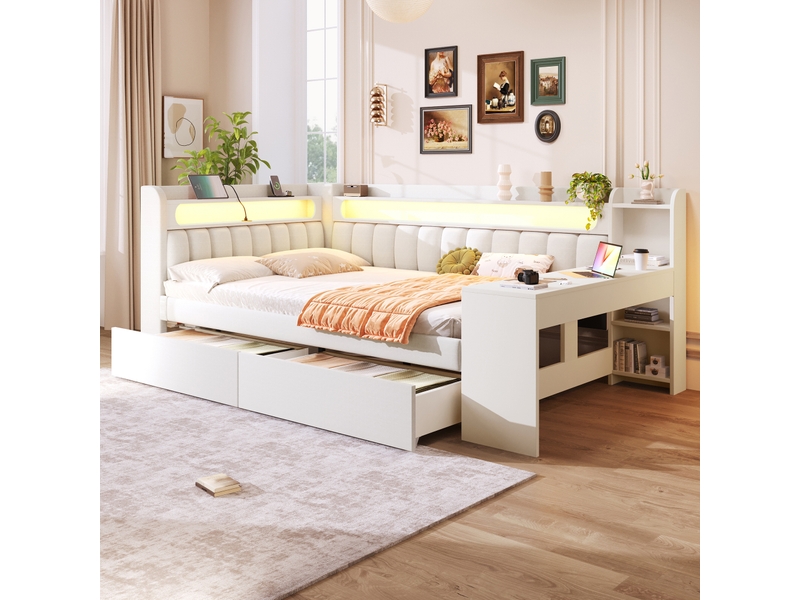  Lit banquette rembourré 140x200 cm blanc avec bureau, 2 tiroirs, led et usb Fay Lum - Conforama E
