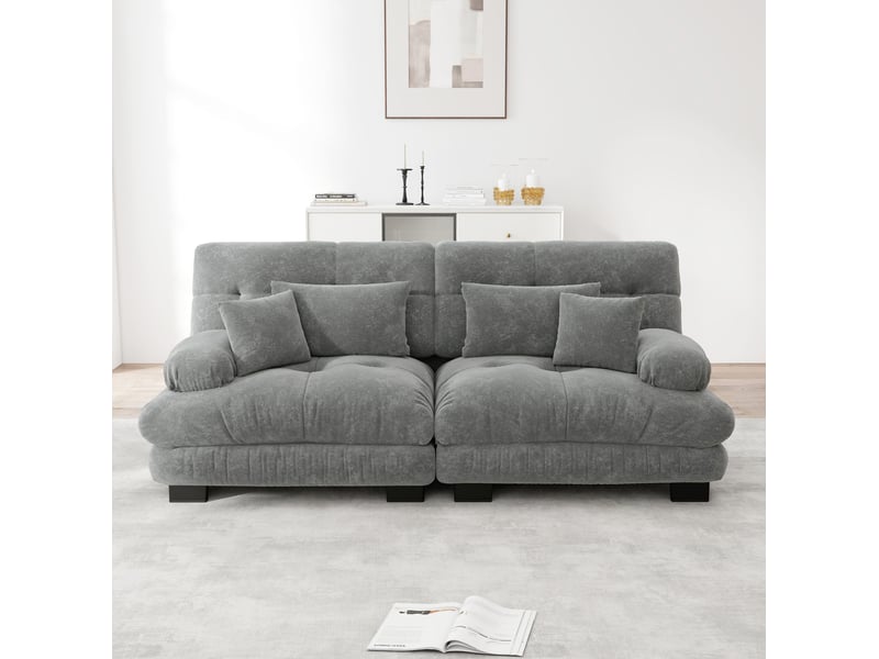  Canapé droit 220x77x81 cm 2 places, coussins et accoudoirs, avec 2 coussins décoratifs, revêtement chenille gris  - Conforama B