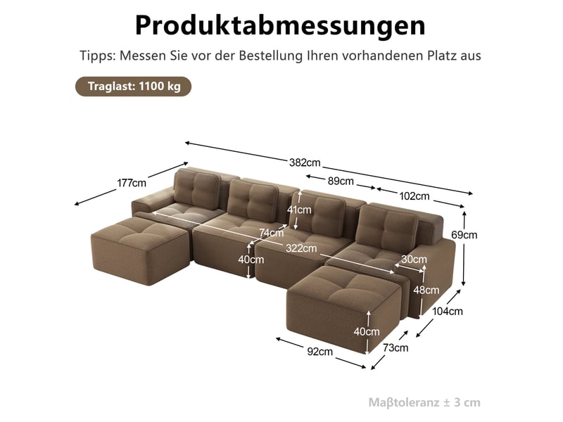  Canapé modulaire u 4 places en velours côtelé marron, assise profonde et base antidérapante pour salon  - Conforama C