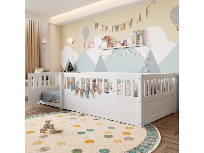  Lit enfant à barrières 90 x 190 cm blanc avec décor étoiles et lune, sans sommier ni matelas  - Conforama D