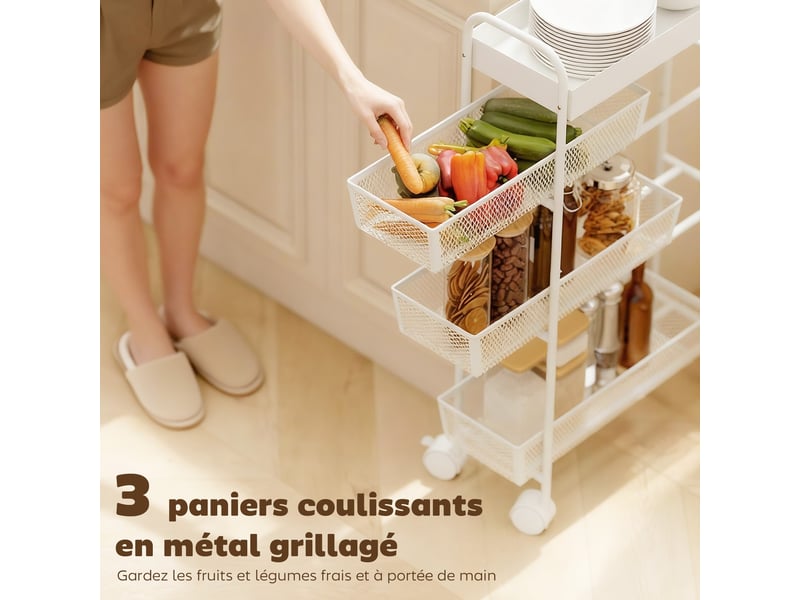  Desserte à roulettes à 4 niveaux 3 paniers coulissants métal blanc 19 x 43,2 x 80 cm  - Conforama D