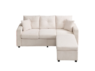 Canapé d'angle 3 places velours côtelé beige avec ottoman amovible surdimensionné et led