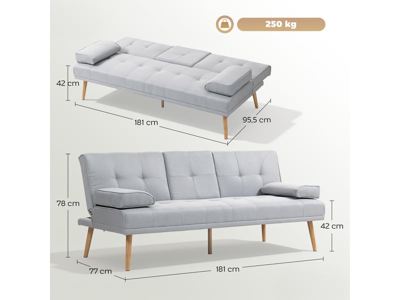  Canapé convertible 3 places, canapé-lit rembourré avec dossier réglable 3 niveaux, 2 coussins et 2 porte-gobelets intégrés, tissu de lin, pour salon, chambre d'amis, gris clair, petit espace  - Conforama C