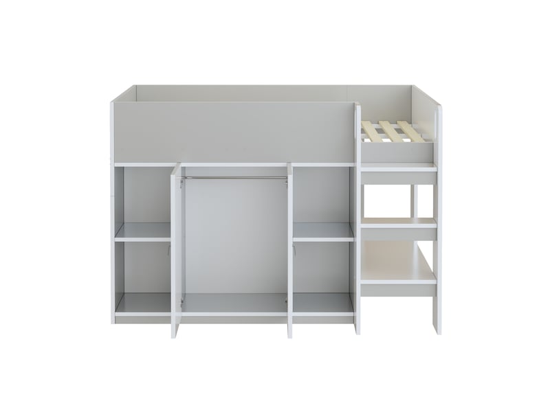 Lit mezzanine 90x200 cm avec rangement, armoire et étagères, échelle sécurisée, pin, gris, sans matelas - Conforama D