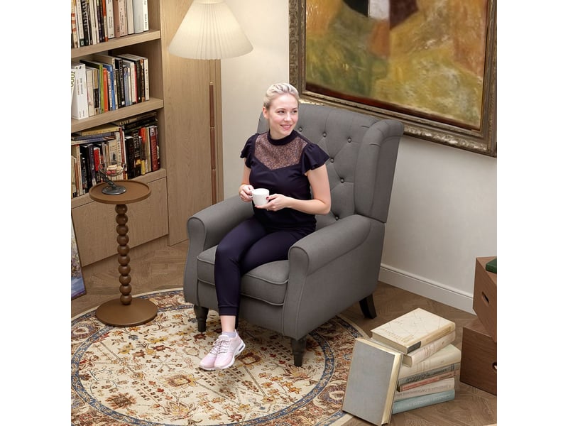  Fauteuil 74 x 86 x 102 cm fonction relax dossier oreilles capitonnage pieds en bois revêtement polyester gris foncé  - Conforama B