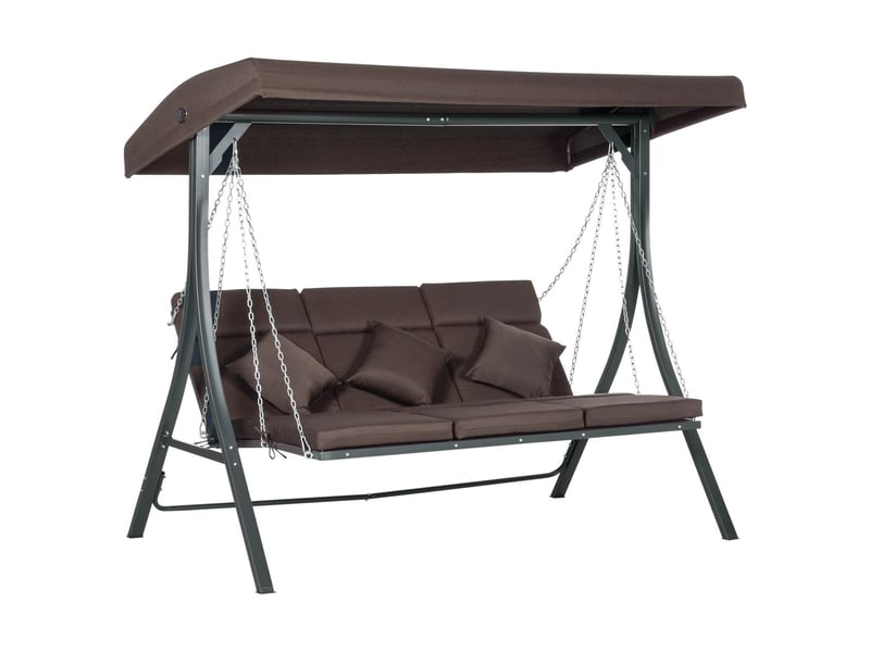  Banc de jardin 3 places, banc d'extérieur balancelle avec toit pare-soleil réglable, coussins, métal et texteline, 270 kg, marron  - Conforama A