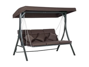Banc de jardin 3 places, banc d'extérieur balancelle avec toit pare-soleil réglable, coussins, métal et texteline, 270 kg, marron