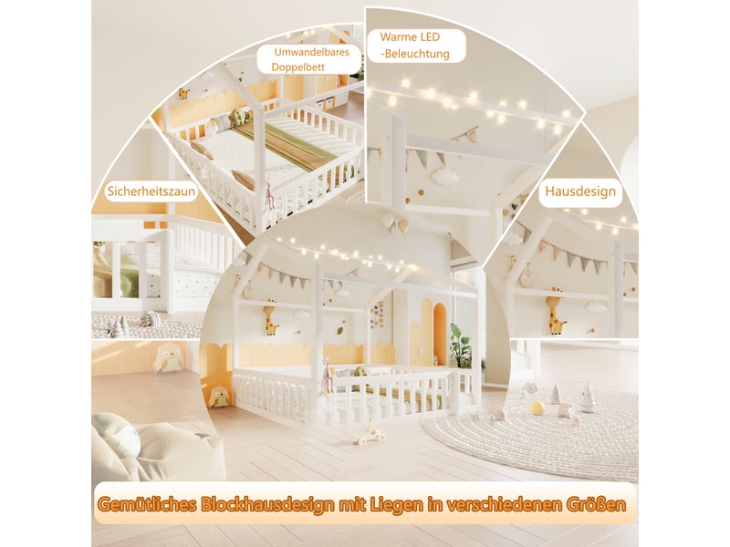  Lit enfant 90180x190 cm - lit cabane avec garde-corps et éclairage led - sans matelas - pin blanc  - Conforama C
