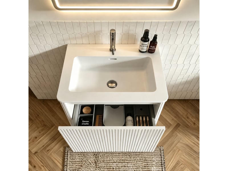  Ensemble meuble vasque suspendu 60 cm avec miroir led, façade rainurée blanche  - Conforama D