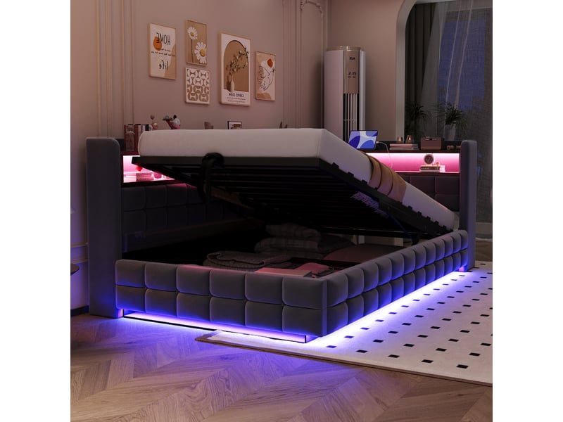 Lit coffre 90x200 cm - lit simple avec rangement hydraulique - tête de lit led, usb & type-c - étagères - gris - Conforama R