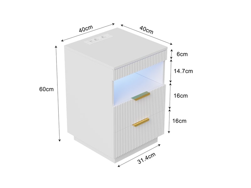  Table de chevet 40x40x60 cm, table de nuit avec station de charge usb c et led rgb, compartiment caché, avec 2 tiroirs et niche de rangement, blanc  - Conforama E