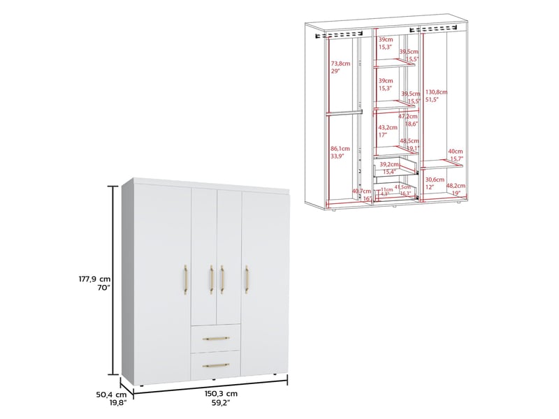  Armoire bariloche de 150 cm avec 2 tiroirs et penderie, blanc  - Conforama D