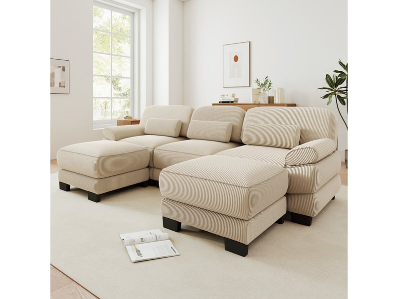 Canapé modulable tcqpz 3 places en u avec 2 poufs 265 x 161 x 94 cm velours côtelé beige - Conforama D