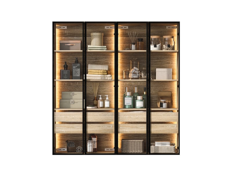  Lot de 2 meubles salle de bain h155, portes en verre dépoli, en mdf naturel, éclairage led, rangement polyvalent  - Conforama A