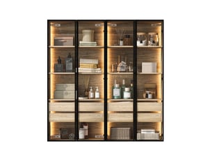 Lot de 2 meubles salle de bain h155, portes en verre dépoli, en mdf naturel, éclairage led, rangement polyvalent