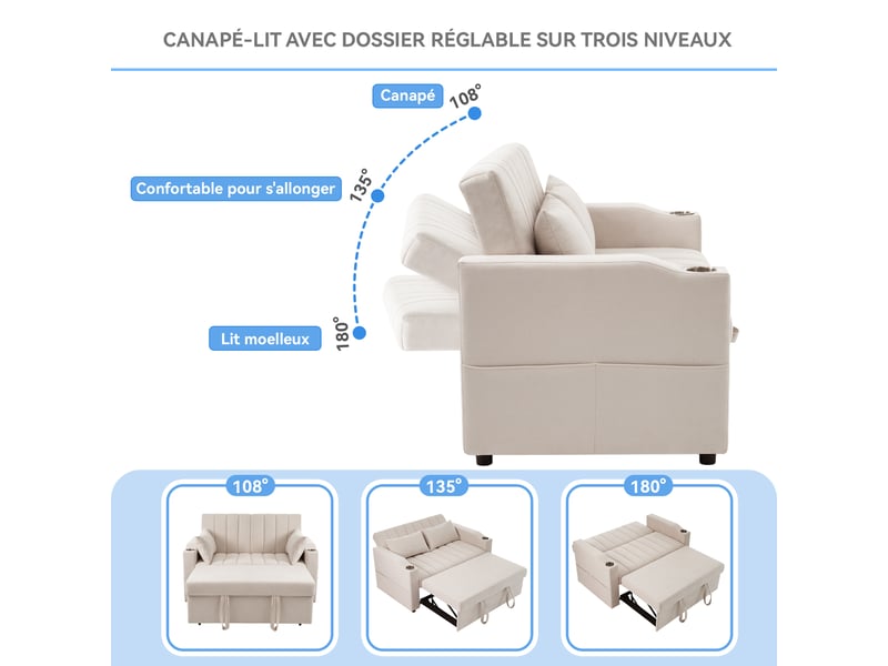  Canapé convertible 136 cm en coton-lin - 2 places - dossier 3 positions - porte-gobelets - poches latérales - beige  - Conforama E