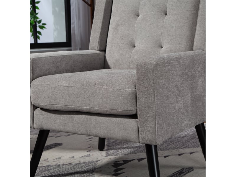  Fauteuil rembourré capitonné avec coussin en mousse haute densité, pieds en bois massif, lin gris clair  - Conforama E