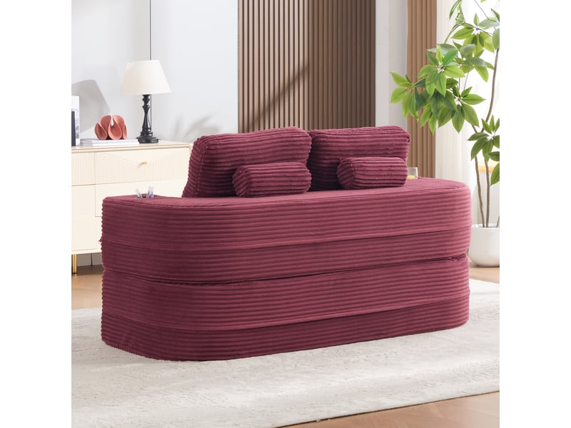  Canapé 2 places modenvie 2 en 1 avec fonction chaise longue, accoudoirs amovibles, porte-gobelets et velours côtelé rouge vin  - Conforama D