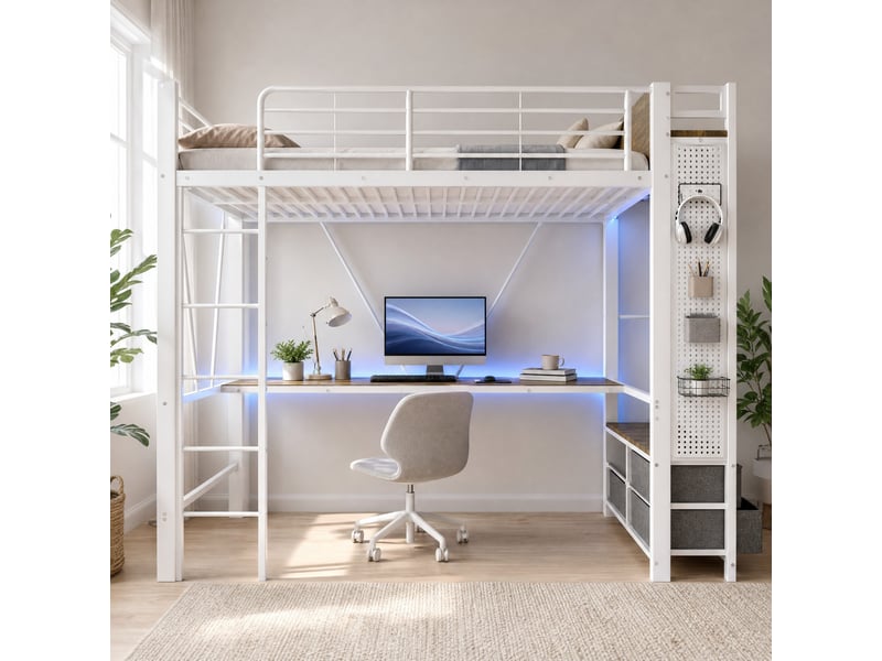  Lit mezzanine 90 x 200 cm avec bureau, rangements, led et prise usb, blanc  - Conforama B