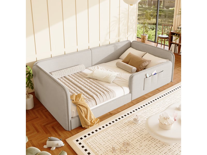  Lit plateforme 90x200 en lin beige rembourré avec poches de rangement et cadre sécurisé  - Conforama R