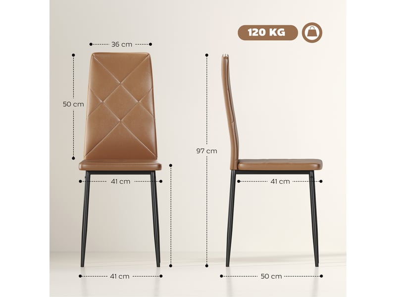  Ensemble de 4 chaises de salle à manger revêtues de similicuir, avec dossier haut et pieds en acier, 41 x 50 x 97 cm, marron  - Conforama E