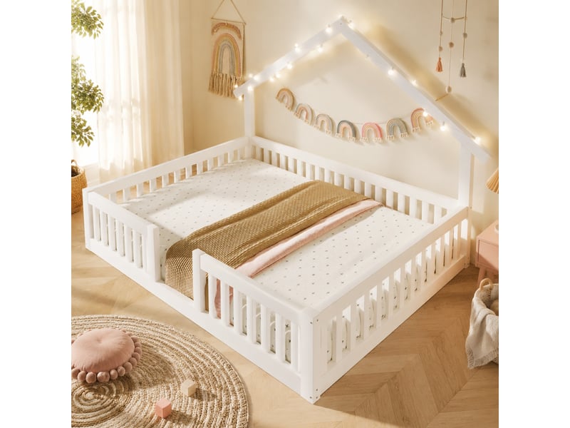  Lit cabane 140x200 cm en bois et mdf avec barrière de sécurité et led blanc chicfurn  - Conforama D