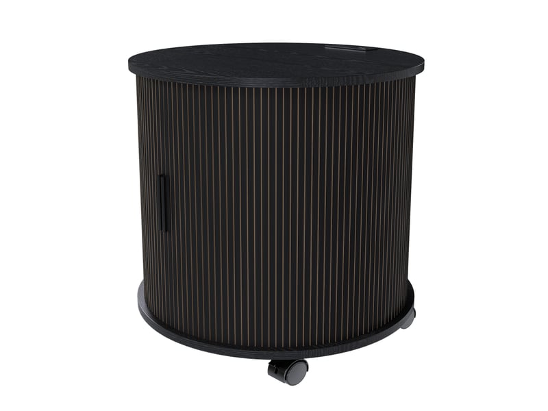 Table de chevet ronde pivotante avec station de charge intégrée, 2 niveaux de rangement et roulettes freinables - Conforama A