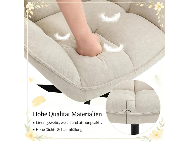  Fauteuil relax pivotant 360° 67 x 68 x 80,5 cm - chaise de salon ergonomique avec coussin épais 15 cm - piètement métal en x - tissu effet lin - beige  - Conforama E