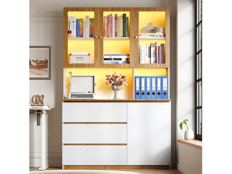 Vitrine haute led avec portes vitrées, 3 tiroirs et niche passe-câbles pour salon, en mdf blanc et chêne, 120 × 200 cm - Conforama D