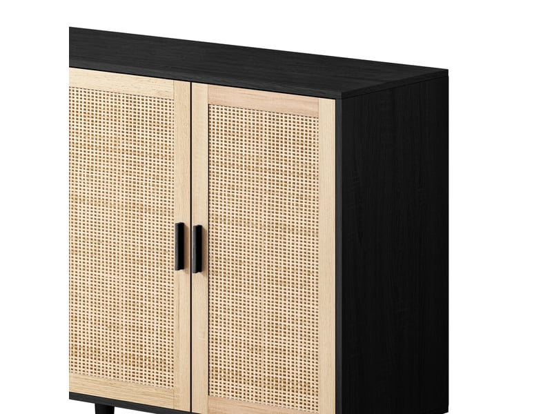  Buffet 4 portes en rotin avec étagère réglable pour salon en panneaux de particules 158×40×88 cm noir  - Conforama D