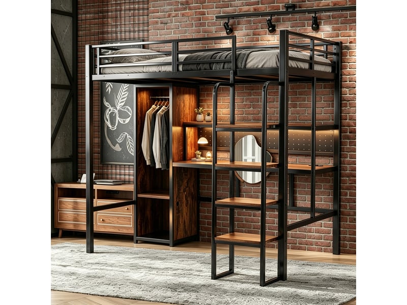  Lit surélevé métal 90 x 200 cm, escalier, bureau avec prises, bandeau led, rangement et armoire, noir  - Conforama C