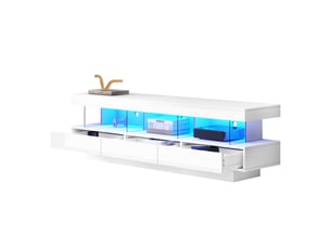 Meuble tv blanc laqué 160 cm avec éclairage led - 3 étagères en verre - pour écran 70 pouces