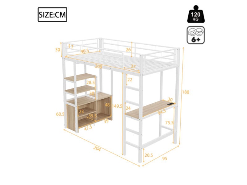  Lit mezzanine 90x200 cm coloris blanc métal lit enfant blanc - Conforama C