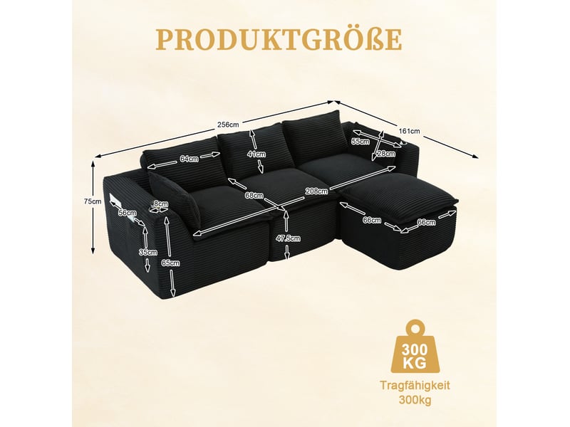 Canapé modulable 3 places en velours côtelé noir avec repose-pieds, poches et porte-gobelets pour salon - Conforama C