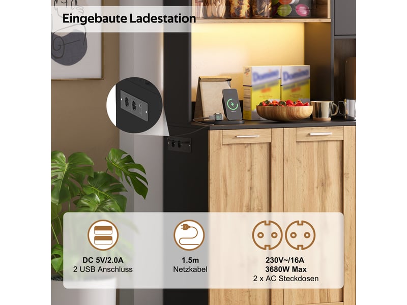  Buffet de cuisine haut avec étagères réglables, led et prises, pour cuisine et séjour, mdf naturel noir, 100×40×180 cm  - Conforama E
