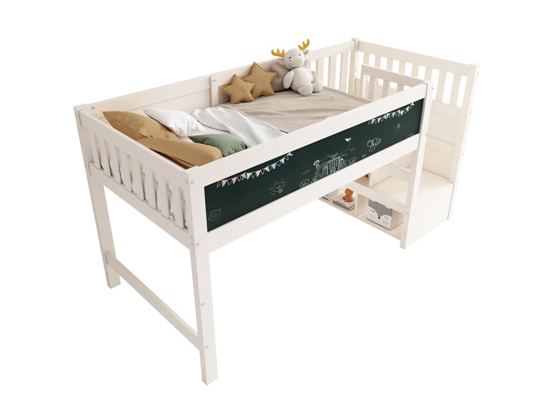  Lit mezzanine enfant 90 x 200 cm avec escalier de rangement et tableau, blanc  - Conforama A